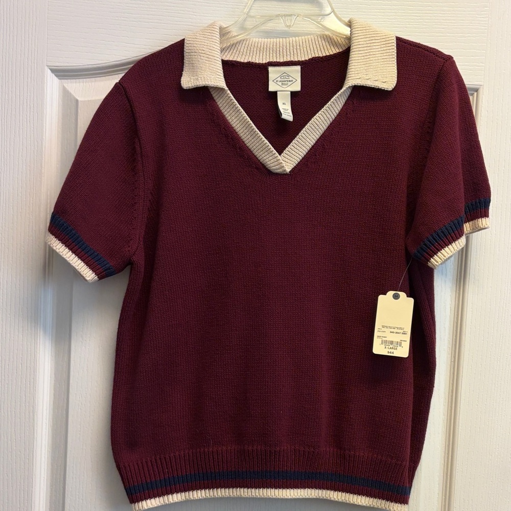 Burgundy Knit Polo Style Sweater with Cream and Navy Trim